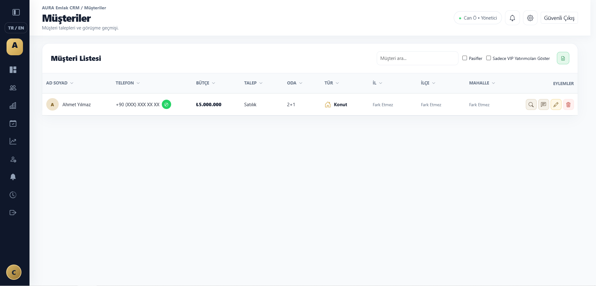 Aura Emlak CRM Müşteriler ekranı